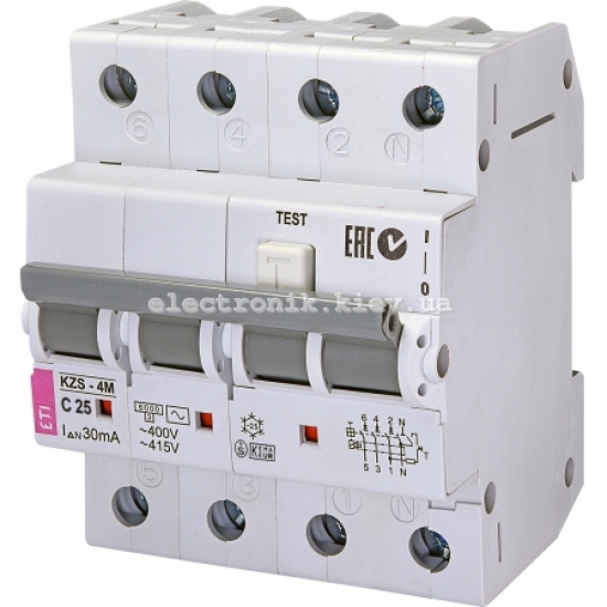 Диф. автоматичний вимикач KZS-4M 3p+NC 25/0,03 тип AC (6kA) ETI