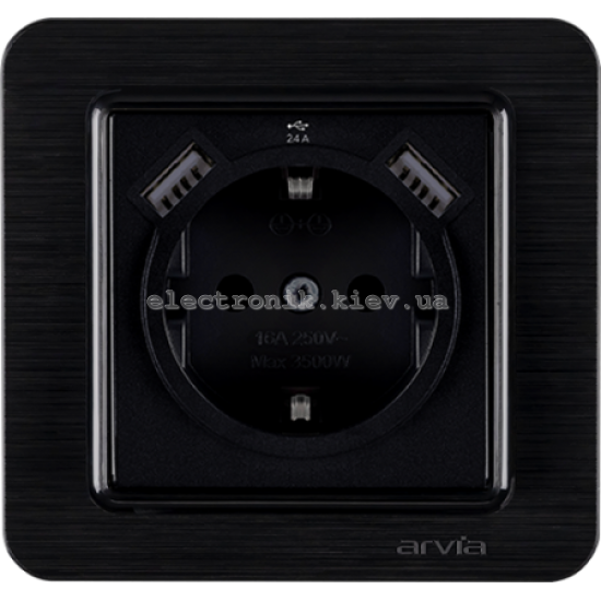 Розетка с заземлением со шторками USB-A+USB-A 5V-2.4A, Черный LAVIN