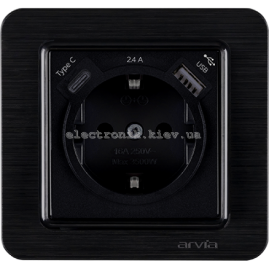 Розетка с заземлением со шторками USB-A+USB-C 5V-2.4A, Черный LAVIN