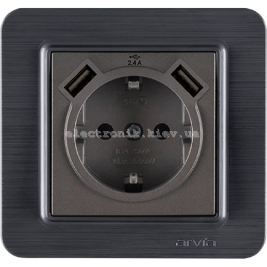 Розетка с заземлением со шторками USB-A+USB-A 5V-2.4A, Антрацит LAVIN