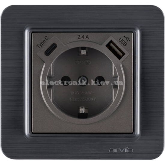 Розетка с заземлением со шторками USB-A+USB-C 5V-2.4A, Антрацит LAVIN