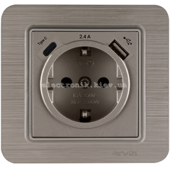 Розетка с заземлением со шторками USB-A+USB-C 5V-2.4A, Медь LAVIN