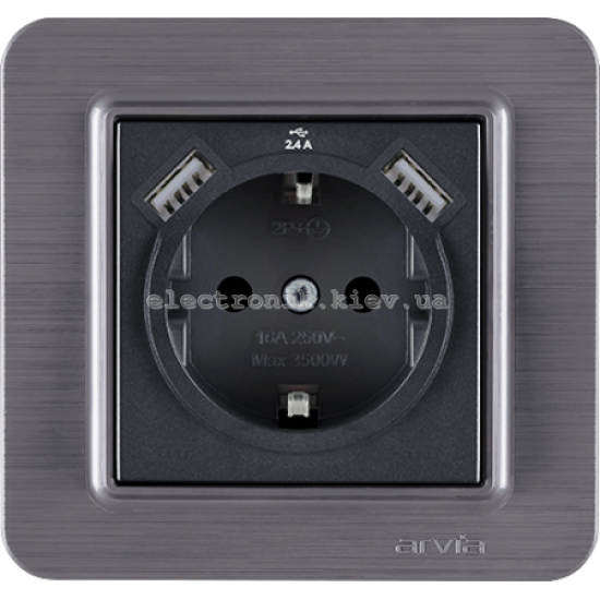 Розетка с заземлением со шторками USB-A+USB-A 5V-2.4A, Дымчатый LAVIN