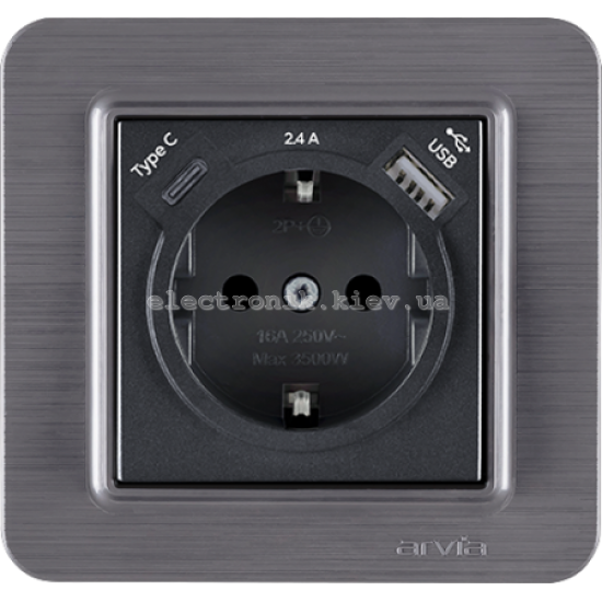 Розетка с заземлением со шторками USB-A+USB-C 5V-2.4A, Дымчатый LAVIN