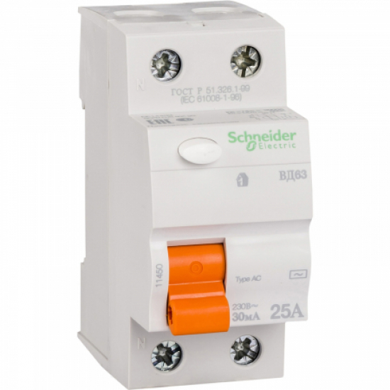 Пристрій захисного відключення (ПЗВ) Schneider-Electric Домовий ВД63 2P 25A 30МA