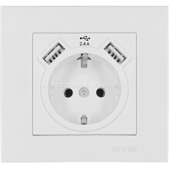 Розетка с заземлением со шторками USB-A+USB-A 5V-2.4A, Белый KAREN