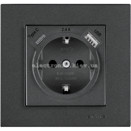 Розетка с заземлением со шторками USB-A+USB-A 5V-2.4A, Дымчатый KAREN