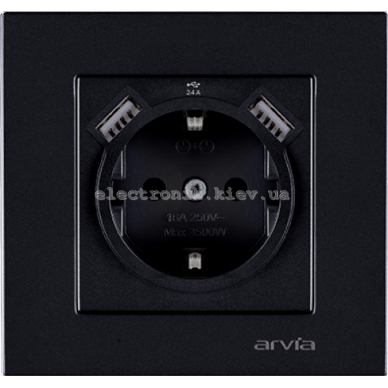 Розетка с заземлением со шторками USB-A+USB-A 5V-2.4A, Черный KAREN